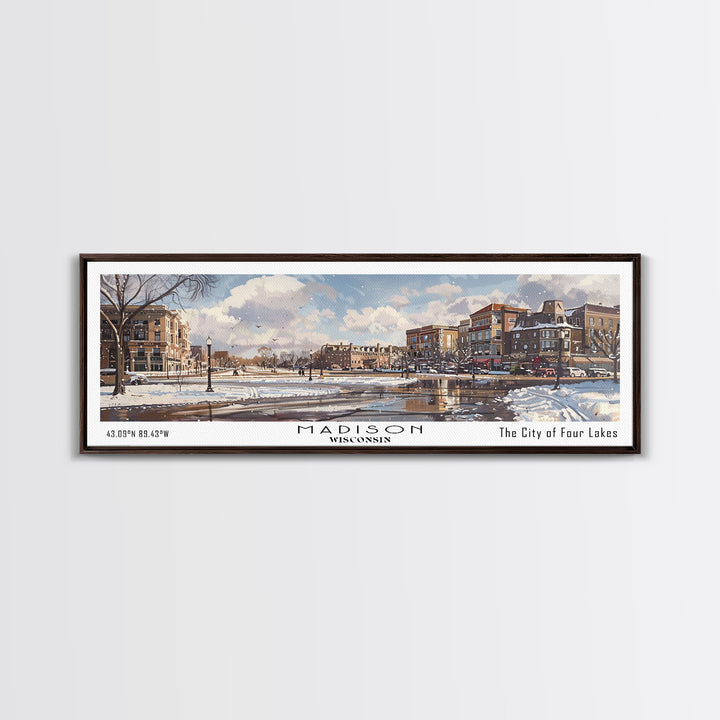 Madison Wisconsin Panoramic Watercolor Cityscape, Framed Canvas Print for Living Room, Office Wall Art, Urban Decor, Travel Poster