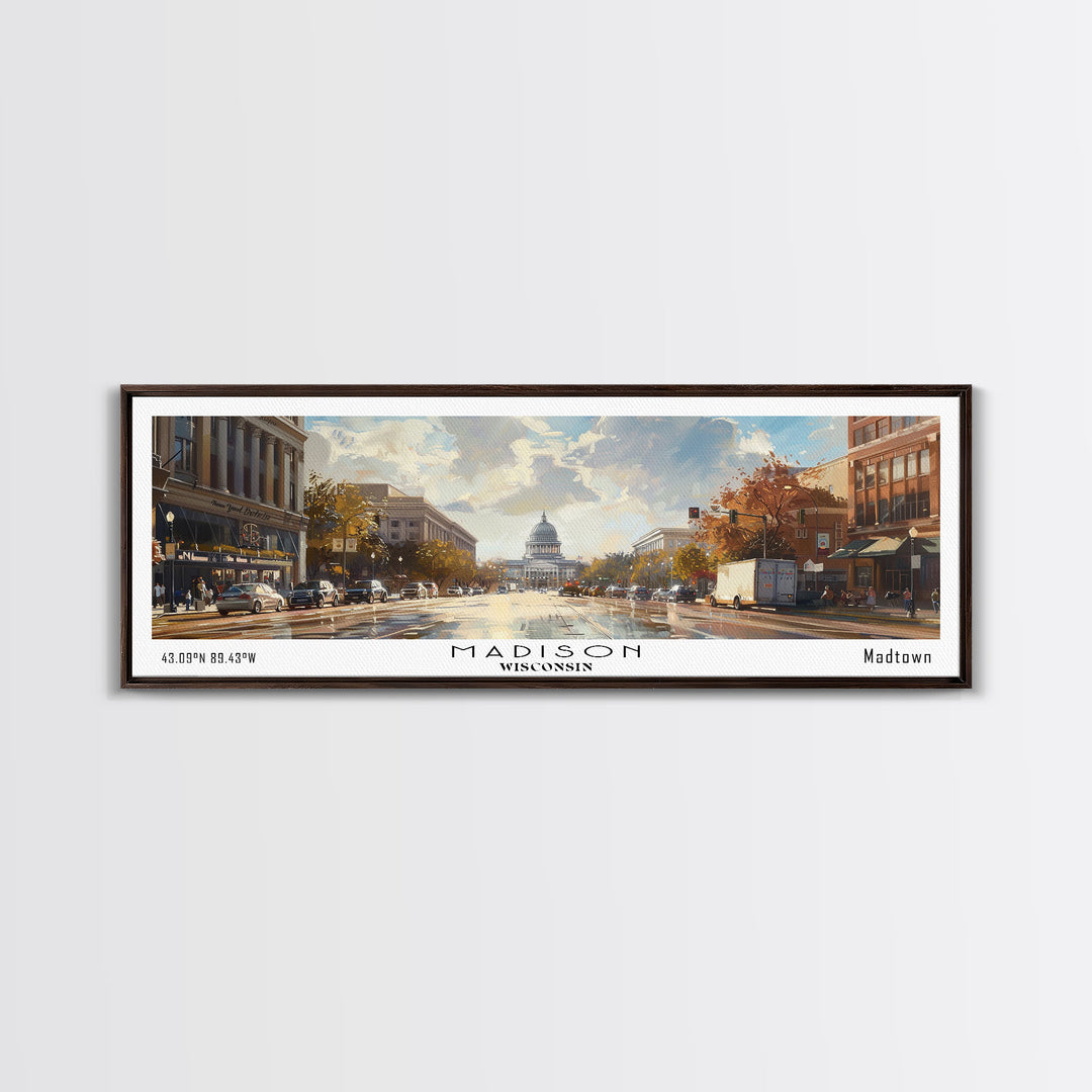 Madison Wisconsin Panoramic Framed Canvas Print, Stunning Watercolor Painting, City Wall Art, Office Decor, Living Room Art, Travel Poster