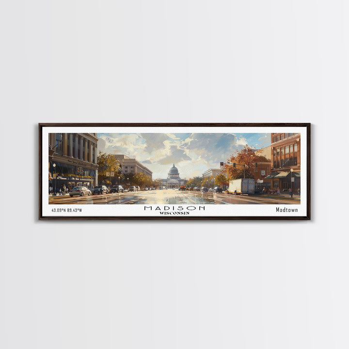 Madison Wisconsin Panoramic Framed Canvas Print, Stunning Watercolor Painting, City Wall Art, Office Decor, Living Room Art, Travel Poster