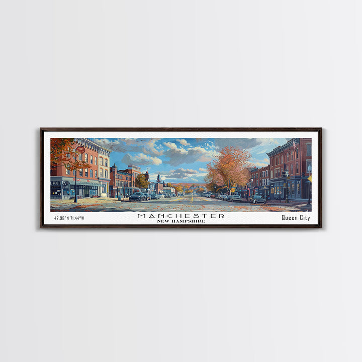 Manchester New Hampshire Panoramic Framed Canvas Print, Beautiful Watercolor Painting, City Wall Art, Office Decor, Living Room Art