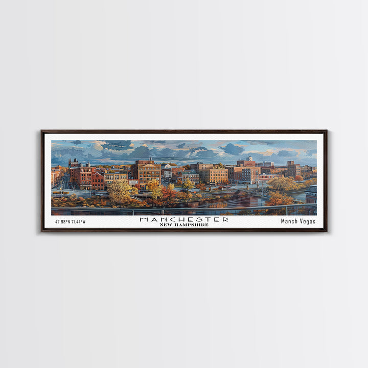 Manchester New Hampshire Panoramic Framed Canvas Print, Stunning Watercolor Painting, City Wall Art, Office Decor, Living Room Art