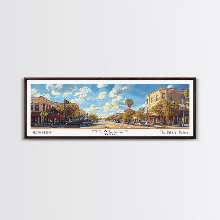 McAllen Texas Panoramic Framed Canvas Print, Watercolor Cityscape, Office Wall Art, Living Room Decor, Travel Poster, City Art, Home Decor