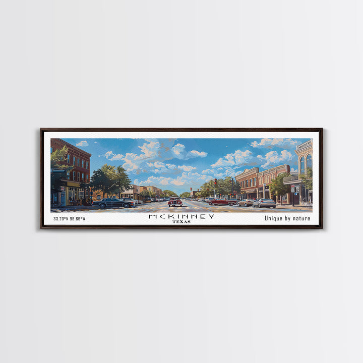 McKinney Texas Panoramic Framed Canvas Print, Beautiful Watercolor Art, Perfect Office Wall Decor, Living Room Art, Travel Poster, City Print