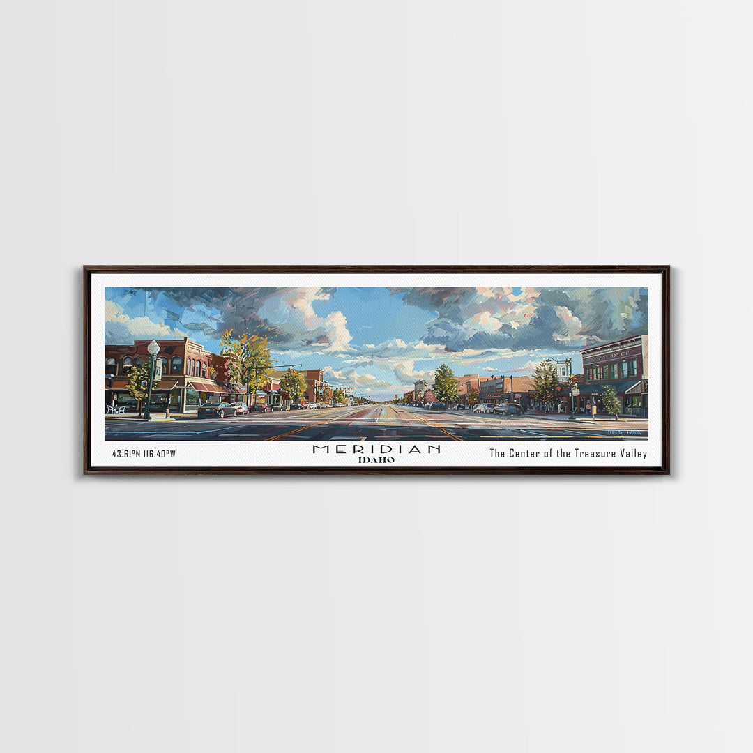 Meridian Idaho Panoramic Framed Canvas Print, Stunning Watercolor Art, Office Wall Decor, Travel Poster, Living Room Decor, City Print