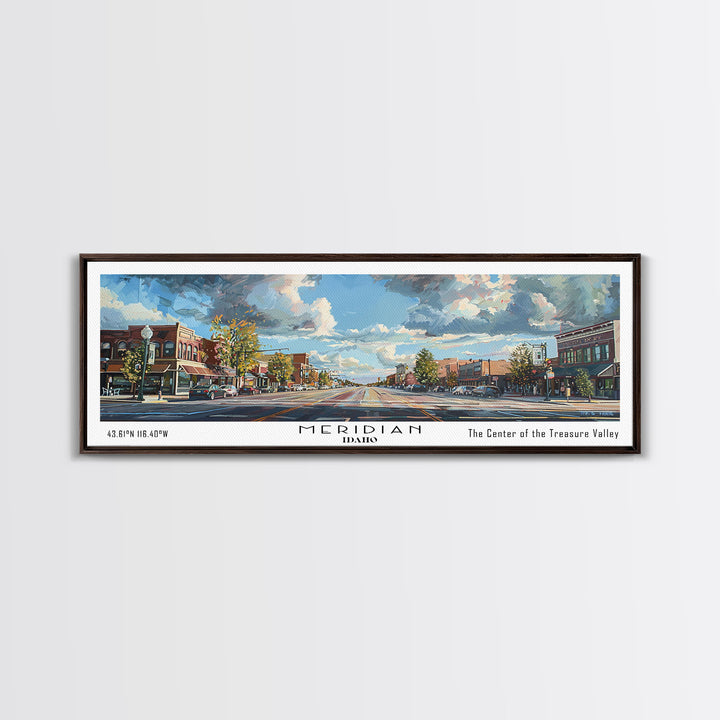 Meridian Idaho Panoramic Framed Canvas Print, Stunning Watercolor Art, Office Wall Decor, Travel Poster, Living Room Decor, City Print