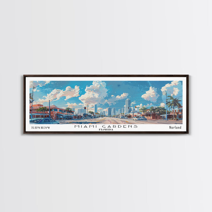 Miami Gardens Florida Panoramic Framed Canvas Print, Beautiful Watercolor City Art, Office Wall Decor, Travel Poster, Living Room Decor