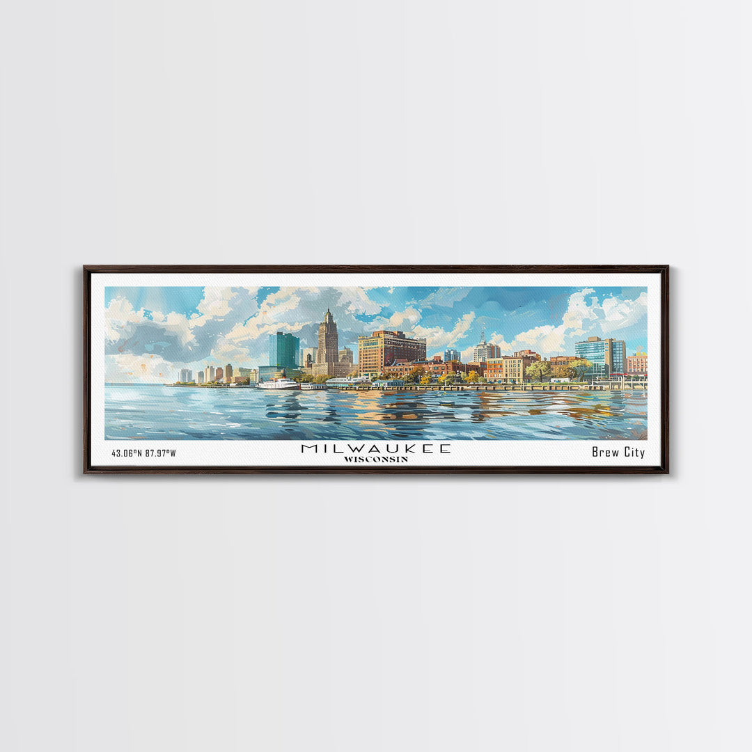 Milwaukee Wisconsin Panoramic Framed Canvas Print, Watercolor Cityscape, Perfect Office Wall Art, Travel Poster, Living Room Decor