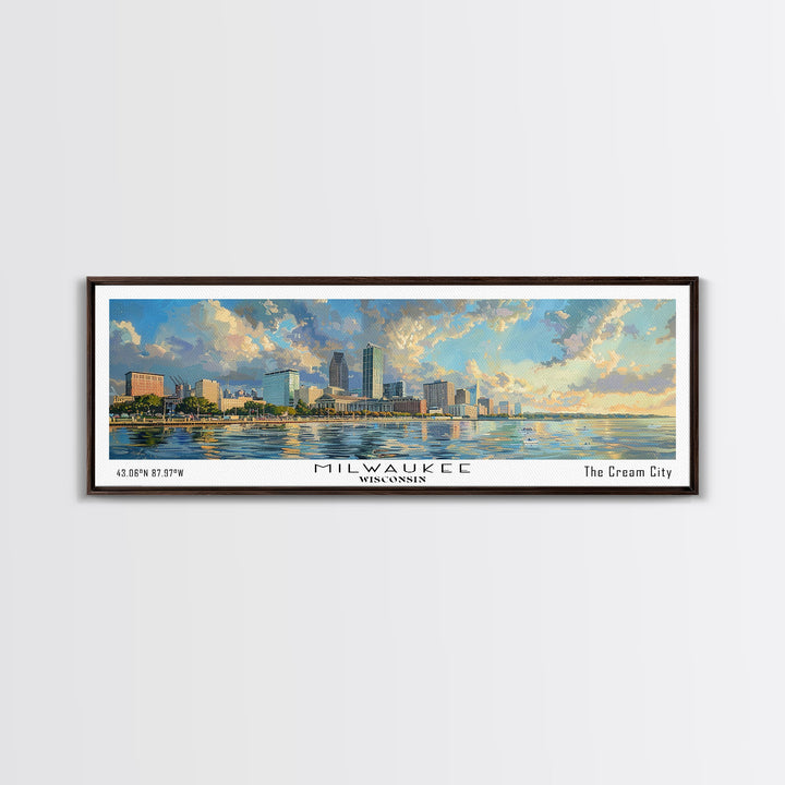 Milwaukee Wisconsin Panoramic Framed Canvas Print, Beautiful Watercolor Painting, Office Wall Art, Travel Poster, Home Decor, City Art
