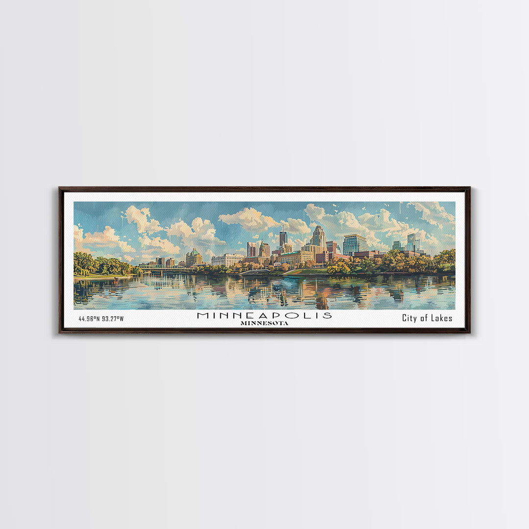 Minneapolis Minnesota Panoramic Framed Canvas Print, Watercolor Painting, Office Wall Art, Travel Poster, Home Decor, City Art