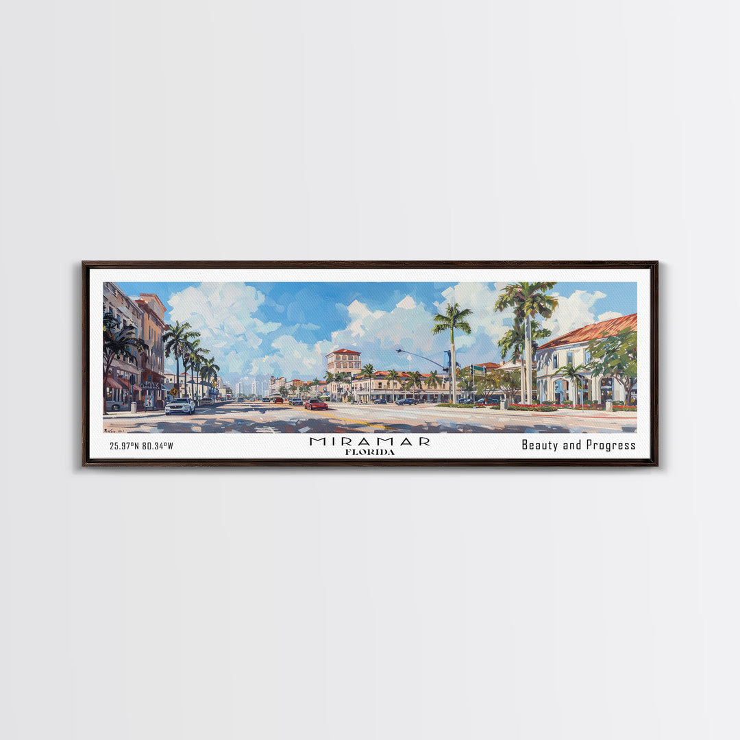 Miramar Florida Panoramic Framed Canvas Print, Beautiful Watercolor Cityscape, Office Wall Art, Travel Poster, Living Room Decor, City Art