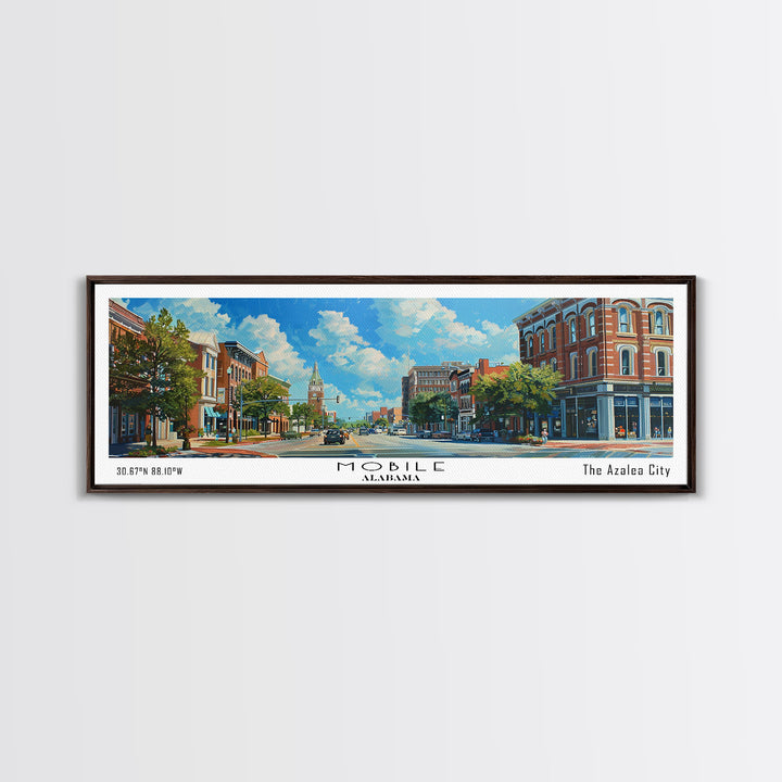 Mobile Alabama Panoramic Framed Canvas Print, Watercolor City Art, Office Wall Decor, Travel Poster, Living Room Decor, City Print