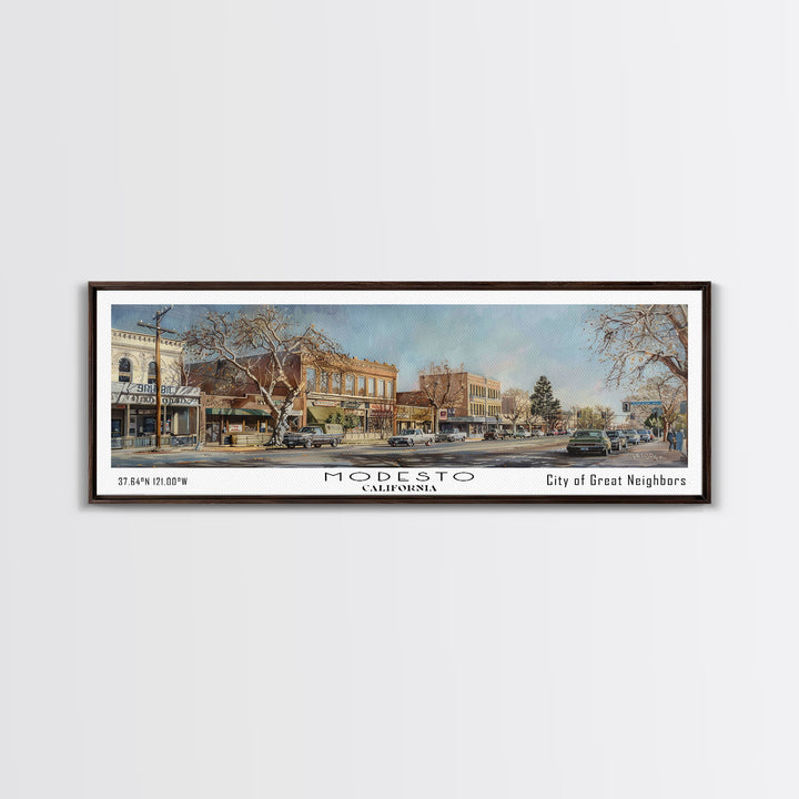 Modesto California Panoramic Framed Canvas Print, Beautiful Watercolor Painting, Office Wall Art, Travel Poster, Living Room Decor, City Art