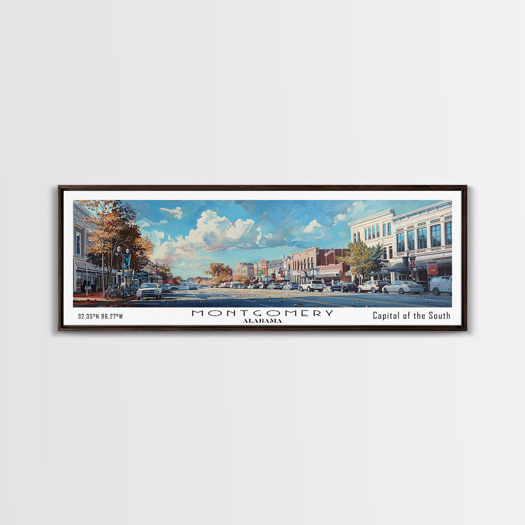 Montgomery Alabama Panoramic Framed Canvas Print, Stunning Watercolor Painting, Office Wall Art, Travel Poster, Home Decor, City Art