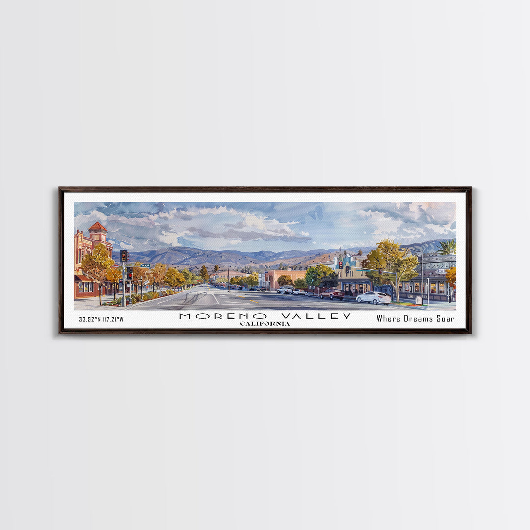 Moreno Valley California Panoramic Framed Canvas Print, Watercolor Cityscape, Office Wall Art, Travel Poster, Living Room Decor, City Art