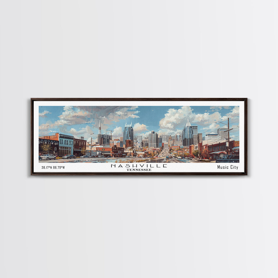 Nashville Tennessee Panoramic Framed Canvas Print, Stunning Watercolor Painting, Office Wall Art, Travel Poster, Home Decor, City Art