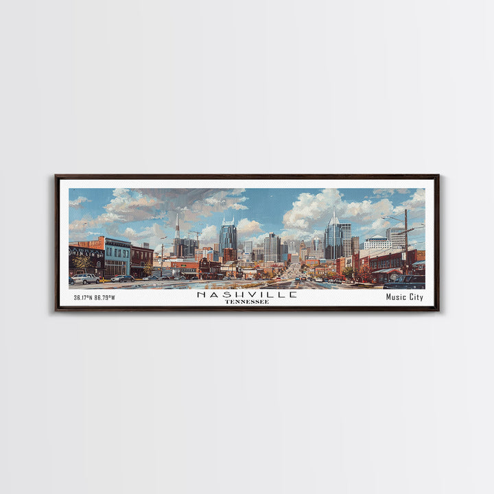 Nashville Tennessee Panoramic Framed Canvas Print, Stunning Watercolor Painting, Office Wall Art, Travel Poster, Home Decor, City Art