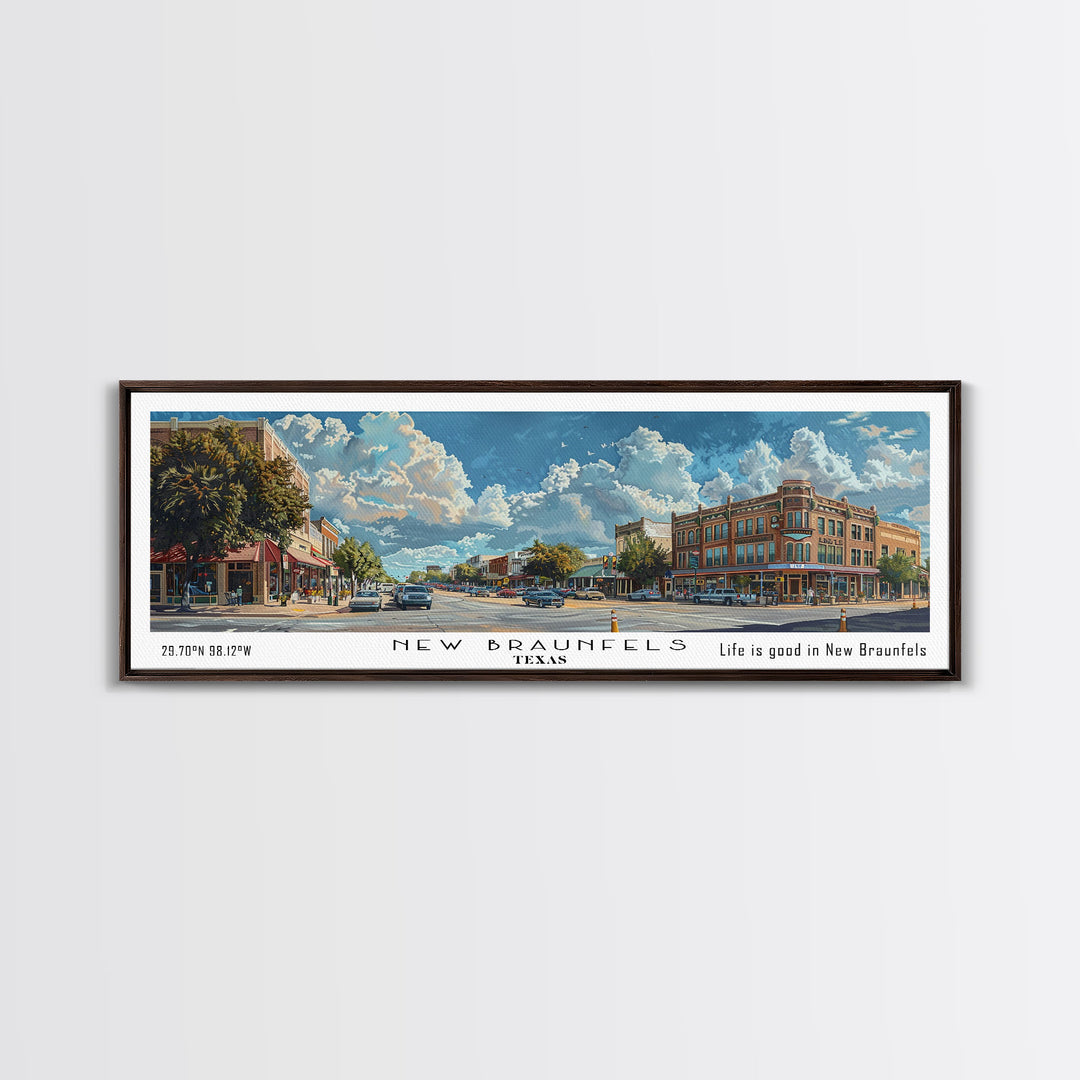 New Braunfels Texas Panoramic Framed Canvas Print, Watercolor City Art, Office Wall Decor, Travel Poster, Living Room Decor