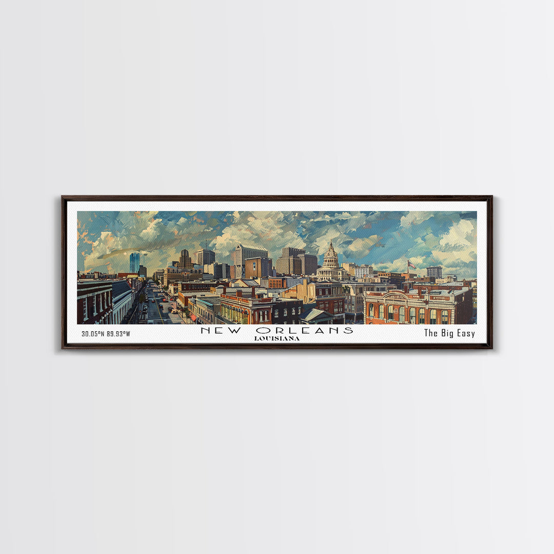 New Orleans Louisiana Panoramic Painting, Framed Canvas Print for Home Decor, Unique Watercolor Art, Travel Poster, Cityscape Gift Idea