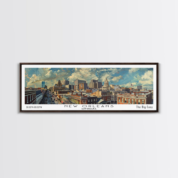 New Orleans Louisiana Panoramic Painting, Framed Canvas Print for Home Decor, Unique Watercolor Art, Travel Poster, Cityscape Gift Idea