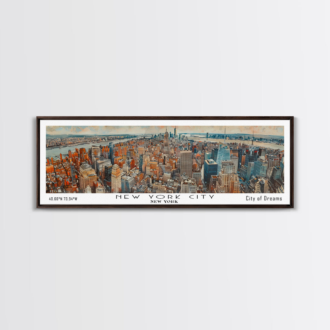 New York New York Panoramic Framed Canvas Print, Watercolor Painting of Cityscape, Home Decor, Travel Poster, Gift Idea for Urban Art Lovers