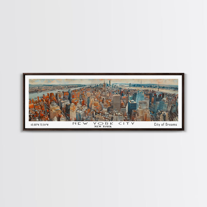 New York New York Panoramic Framed Canvas Print, Watercolor Painting of Cityscape, Home Decor, Travel Poster, Gift Idea for Urban Art Lovers