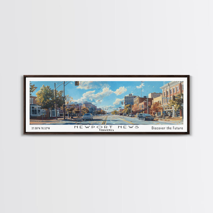 Newport News Virginia Panoramic Wall Art, Framed Canvas Print, Beautiful Cityscape Watercolor Painting, Travel Poster, Modern Home Decor