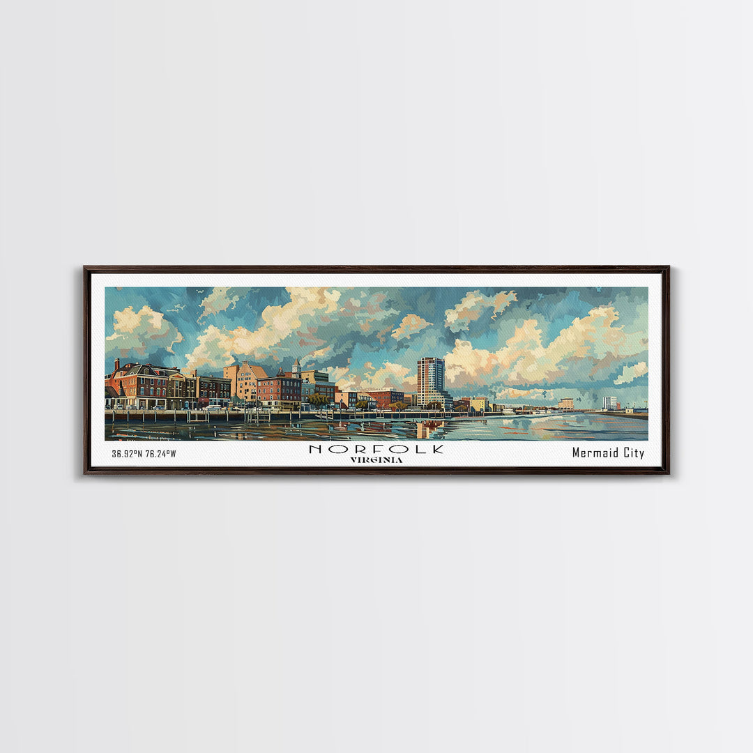 Norfolk Virginia Panoramic Painting, Framed Canvas Print for Office Wall Art, Watercolor Cityscape, Travel Poster, Beautiful Home Decor
