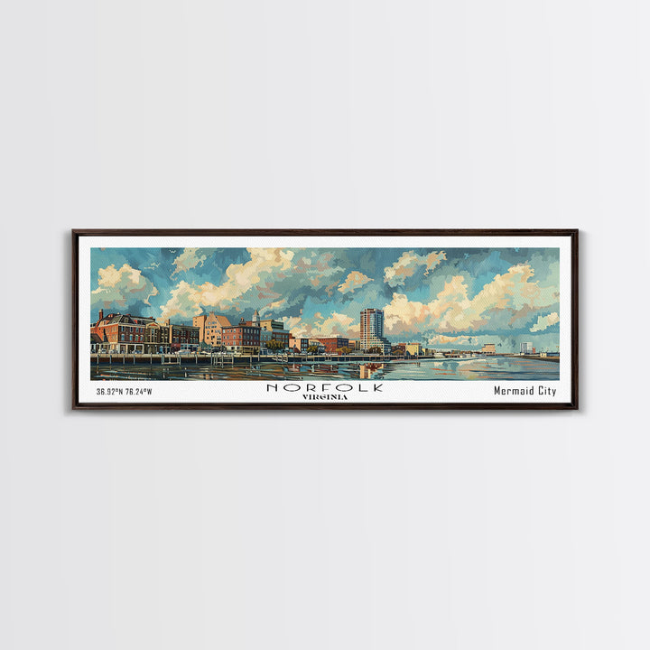 Norfolk Virginia Panoramic Painting, Framed Canvas Print for Office Wall Art, Watercolor Cityscape, Travel Poster, Beautiful Home Decor
