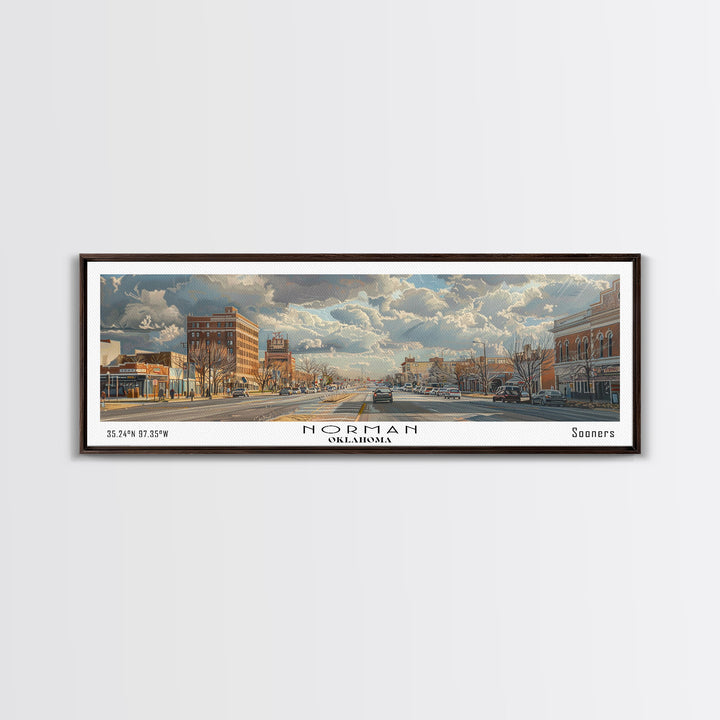 Norman Oklahoma Panoramic Framed Canvas Print, Cityscape Watercolor Painting, Travel Poster for Home Decor, Modern Wall Art, Unique Gift Idea