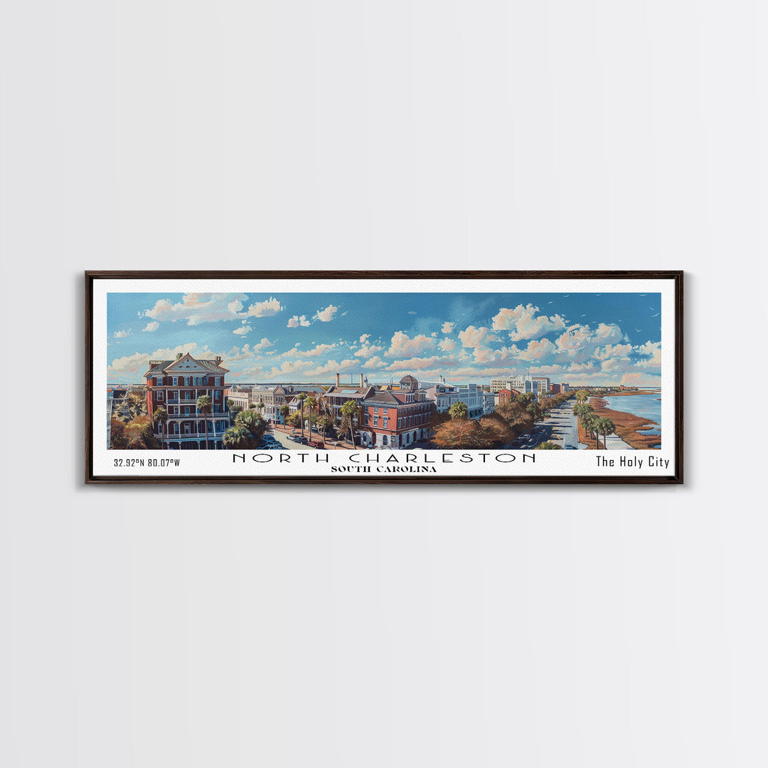 North Charleston South Carolina Panoramic Painting, Framed Canvas Print, Watercolor Cityscape Art, Travel Poster for Living Room, Home Decor