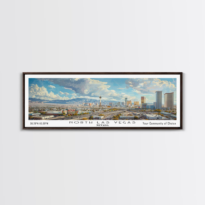 North Las Vegas Nevada Panoramic Framed Canvas Print, Cityscape Watercolor Painting, Travel Poster, Modern Home Decor, Unique Gift Idea
