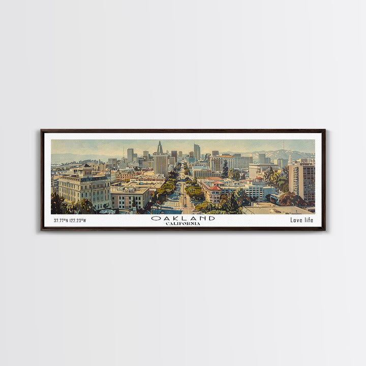 Oakland California Panoramic Wall Art, Framed Canvas Print, Stunning Watercolor Cityscape, Travel Poster, Modern Home Decor, Unique Gift