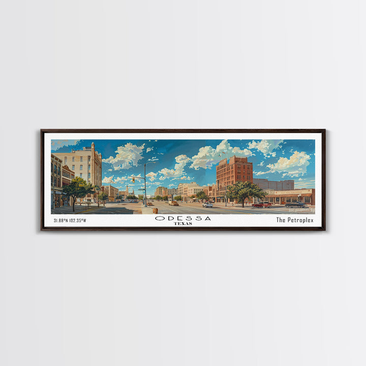 Odessa Texas Panoramic Painting, Framed Canvas Print for Home Decor, Beautiful Cityscape Watercolor Art, Travel Poster, Modern Gift Idea