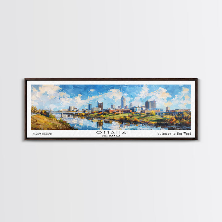 Omaha Nebraska Panoramic Framed Canvas Print, Cityscape Watercolor Painting, Travel Poster, Home Decor, Urban Gift Idea, Office Wall Art