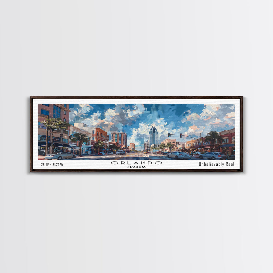 Orlando Florida Panoramic Painting, Framed Canvas Print, Beautiful Cityscape Watercolor Art, Travel Poster, Home Decor, Unique Gift Idea