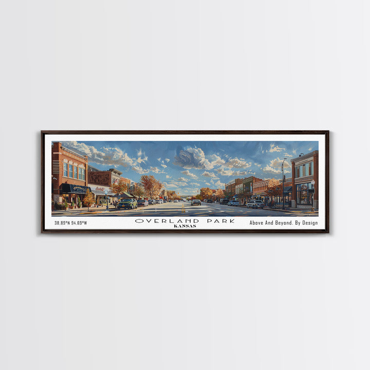 Overland Park Kansas Panoramic Framed Canvas Print, Cityscape Watercolor Painting, Travel Poster, Modern Home Decor, Urban Gift Idea