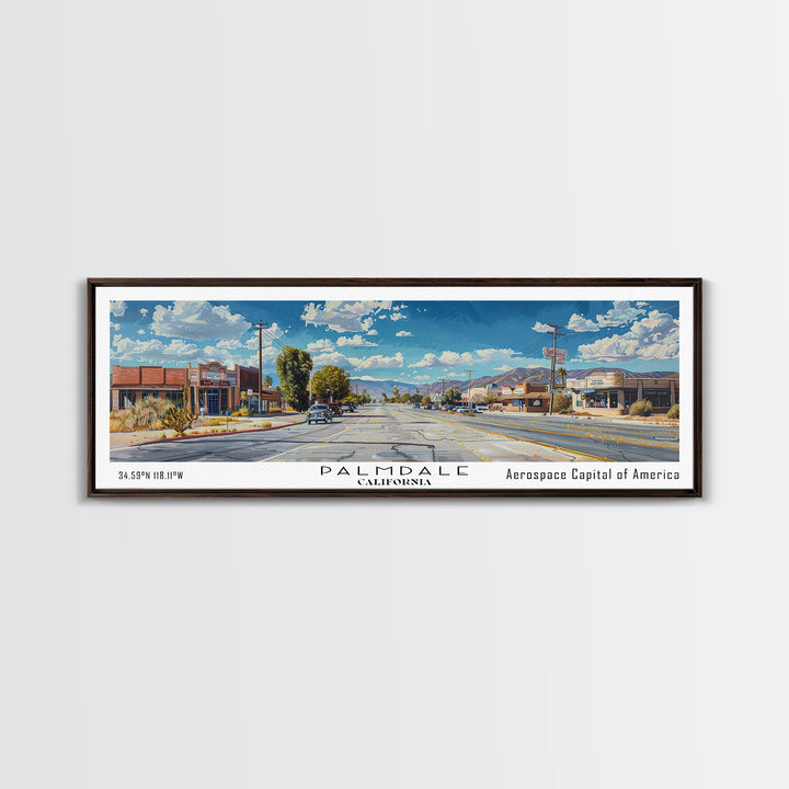 Palmdale California Panoramic Framed Canvas Print, Cityscape Watercolor Painting, Travel Poster for Home Decor, Urban Art, Unique Gift Idea
