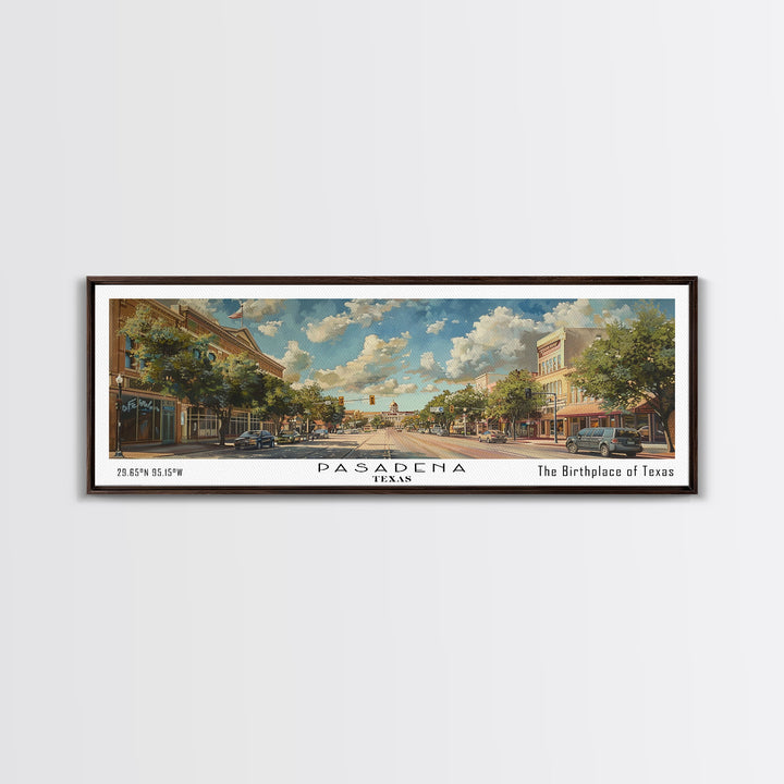Pasadena Texas Panoramic Painting, Framed Canvas Print, Beautiful Cityscape Watercolor Art, Travel Poster for Home Decor, Unique Gift Idea