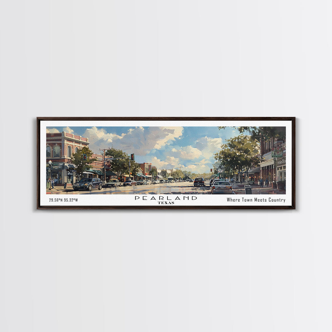Pearland Texas Panoramic Framed Canvas Print, Cityscape Watercolor Painting, Travel Poster for Home Decor, Urban Art, Unique Gift Idea