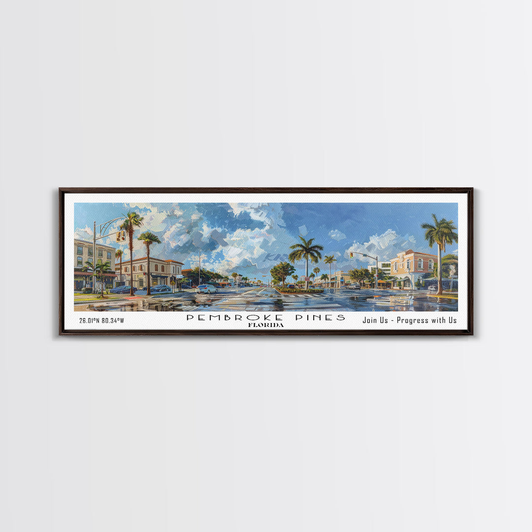 Pembroke Pines Florida Panoramic Painting, Framed Canvas Print, Beautiful Cityscape Watercolor Art, Travel Poster, Modern Home Decor