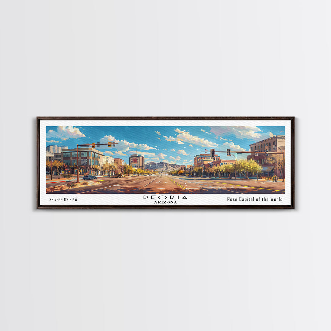 Peoria Arizona Panoramic Framed Canvas Print, Watercolor Cityscape Art, Travel Poster, Home Decor, Urban Gift Idea, Living Room Art