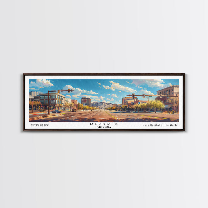 Peoria Arizona Panoramic Framed Canvas Print, Watercolor Cityscape Art, Travel Poster, Home Decor, Urban Gift Idea, Living Room Art