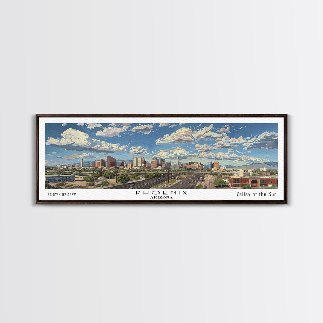 Phoenix Arizona Panoramic Framed Canvas Print, Cityscape Watercolor Painting, Travel Poster for Home Decor, Urban Art, Unique Gift Idea