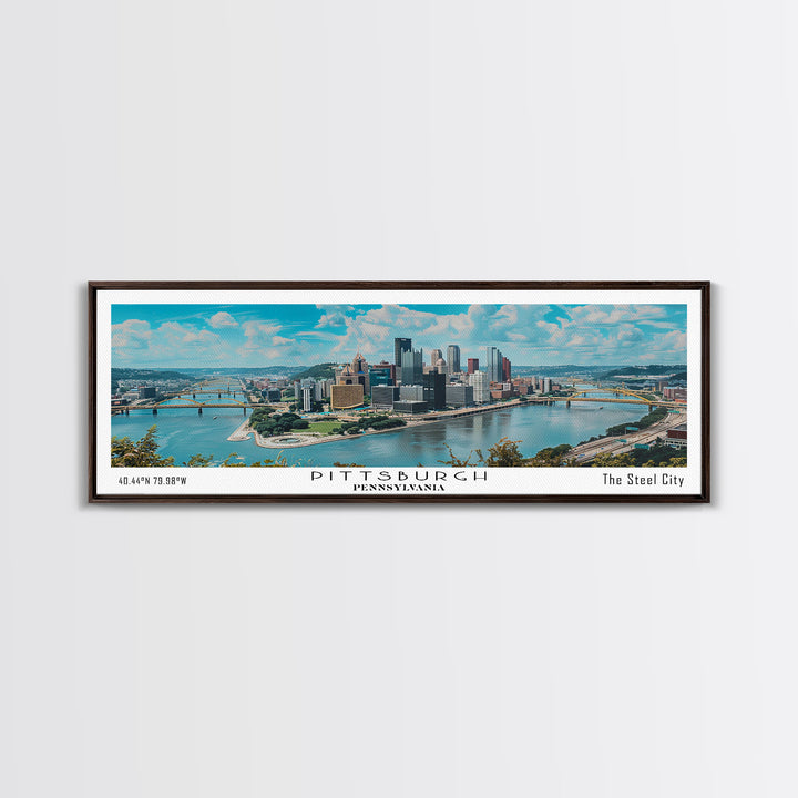 Pittsburgh Pennsylvania Panoramic Painting, Framed Canvas Print, Beautiful Cityscape Watercolor Art, Travel Poster, Modern Home Decor