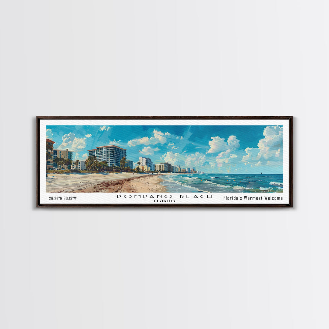Pompano Beach Florida Panoramic Framed Canvas Print, Watercolor Cityscape Art, Travel Poster, Home Decor, Urban Gift Idea, Living Room Art