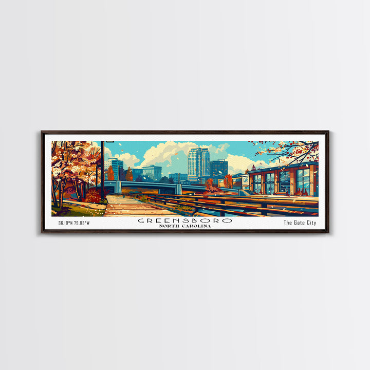 Greensboro North Carolina Panoramic Travel Poster Framed Canvas Print, Mid Century Modern Art, Pop Art Style, Wall Art Decor, Home Decoration