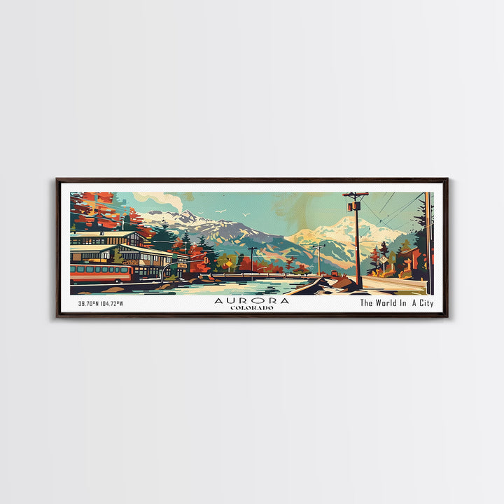 Aurora Colorado Panoramic Wall Art, Retro Pop Art Framed Canvas Print, Mid Century Modern Travel Poster, Living Room Decor, Wall Hanging, Office Art
