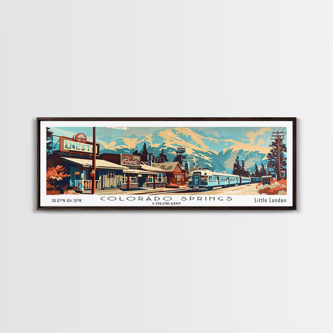 Colorado Springs Colorado Panoramic Painting, Mid Century Modern Framed Canvas Print, Retro Pop Art Travel Poster, Wall Decor, Gift Idea, Home Decor