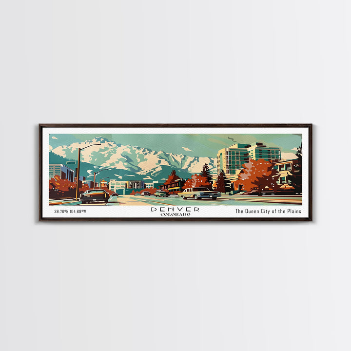 Denver Colorado Panoramic Painting, Mid Century Modern Framed Canvas Print, Retro Pop Art Travel Poster, Wall Art, Home Decor, Office Wall Art