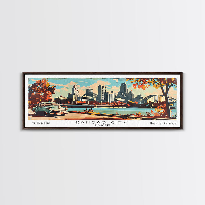 Kansas City Missouri Panoramic Wall Art, Mid Century Modern Framed Canvas Print, Retro Pop Art Travel Poster, Home Decor, Office Art, Gift Idea, Wall Hanging